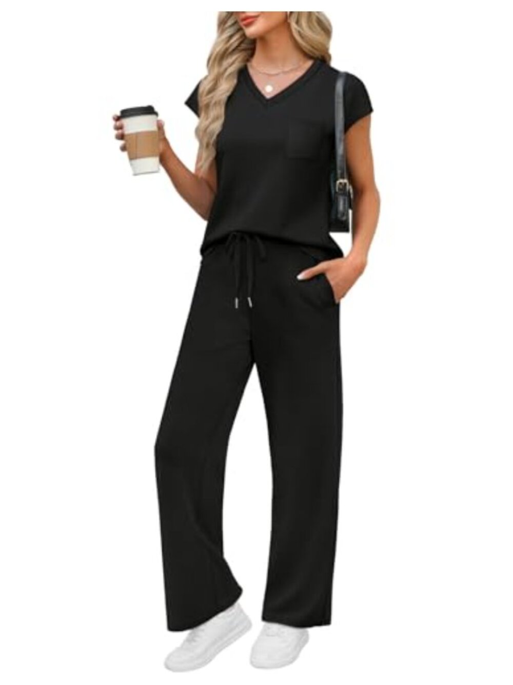 2 Piece Lounge Set Women Vacation Travel Outfit Cap Sleeve Wide Leg Pants